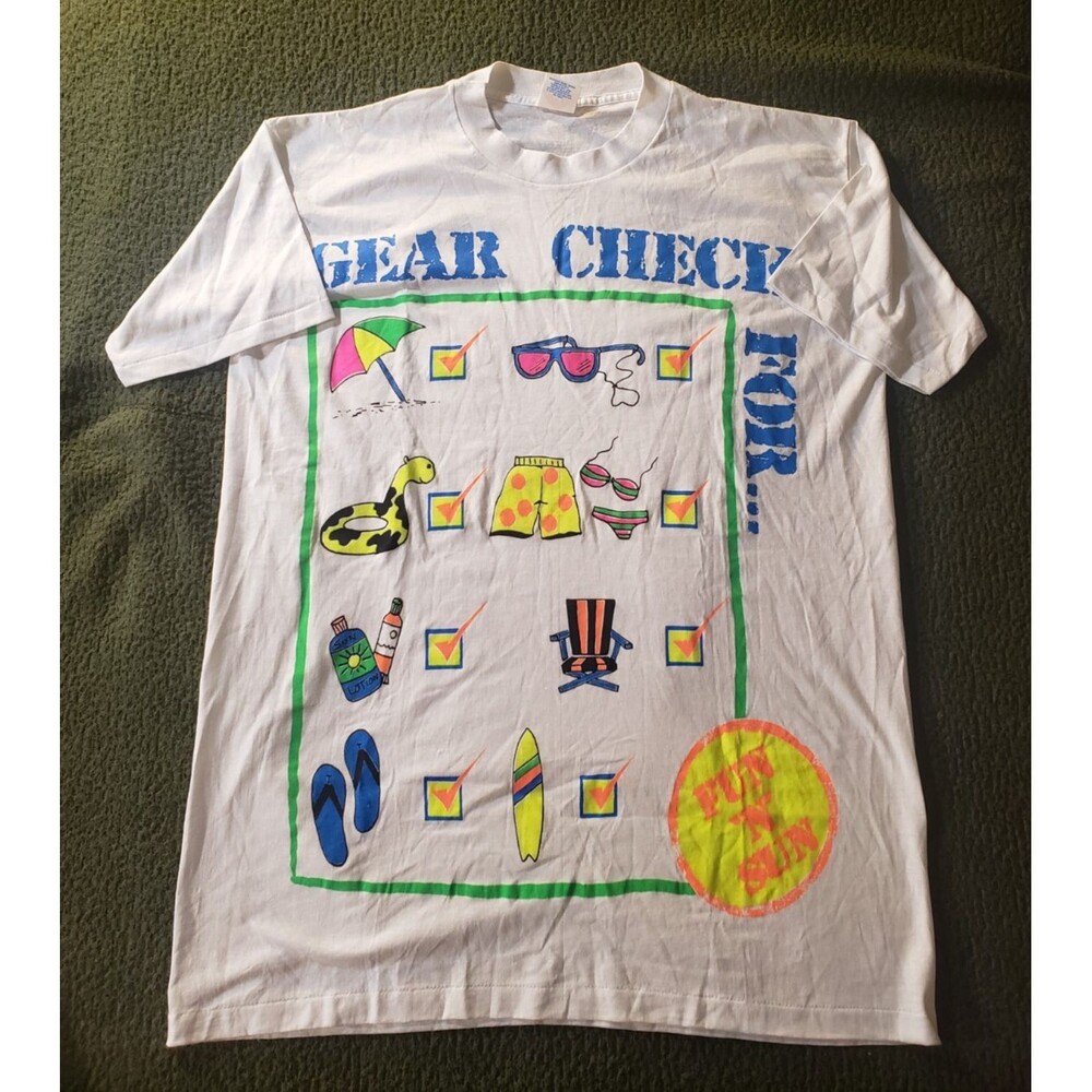Vintage 80s/90s Fun N Sun "Gear Check" Beach Abstract Graphic T-Shirt USA OS XL